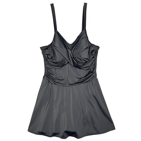 Denim & Co. Beach Regular Sweetheart Twist Front Swim Dress 14 Black Beach Pool - Picture 2 of 16